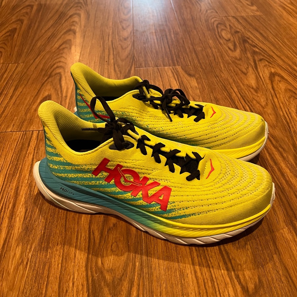 Hoka Vibrant Yellow and Red Athletic Shoes